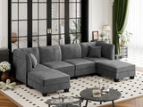 Vongrasig 6 Pieces Sectional Couch Modular Sofa with Reversible Chaise 116" Velvet U-Shaped Couch Sofa 6-seat Modular Large Sectional Couch with Ottoman for Living Room, Upholstered Cushion (Grey) Vongrasig