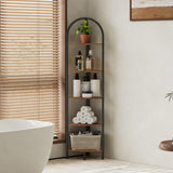 Homhedy 5-Tier Corner Shelf Stand, Wall Corner Bookshelf with Metal Frame, Bathroom Storage Rack Shelf, Plant Stand, Industrial Style,Rustic Brown and Black Homhedy