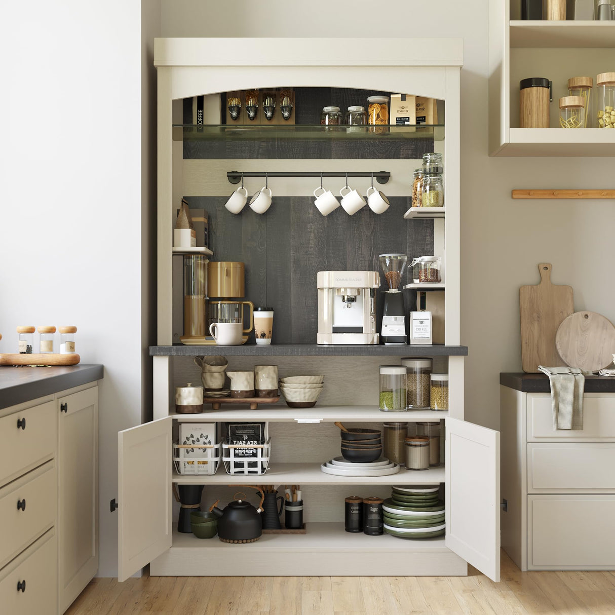 CABIHOME Farmhouse Coffee Bar Cabinet with Storage LED Buffet Cabinet 72" Coffee Hutch Cabinet Large Kitchen Sideboard with Wine Rack/Glass Shelf for Kitchen, Dining Room, Living Room CABIHOME