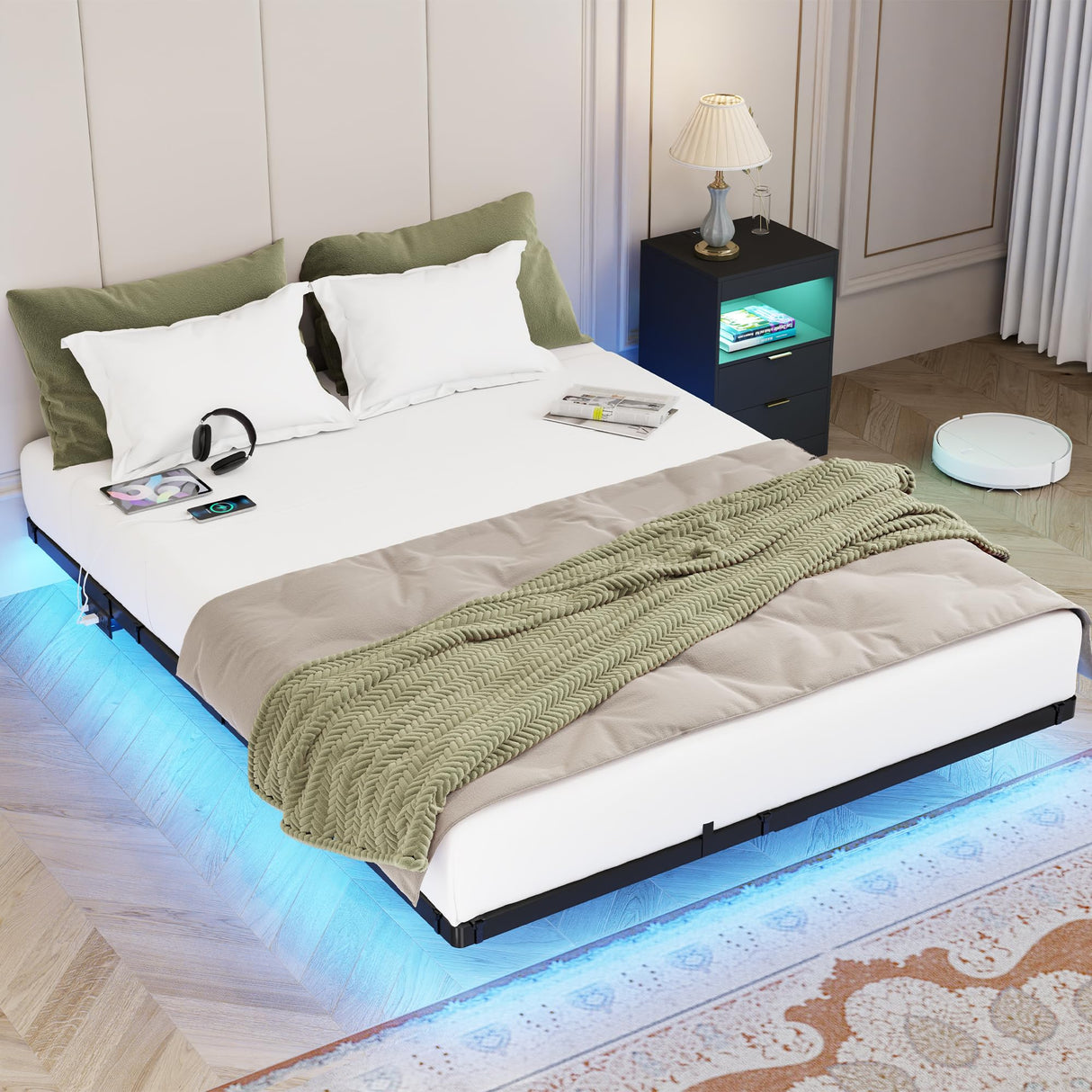 Gadroad LED Floating Queen Bed Frame with Charging Station and Metal Slats Support Gadroad