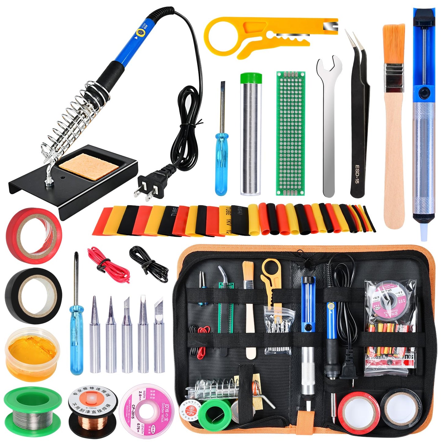 Soldering Iron Kit, 60W 110V Soldering Iron Adjustable Temperature, Desoldering Pump, 5 Solder Tips, Solder Wire, Stand, Solder Wick.