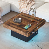 Polibi Coffee Table with LED Light, Brown Spliced Wood Grain Center Table with 2 USB Ports and Outlets, Coffee Tables with Charging Station for Living Room, Black Polibi