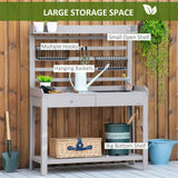 Outsunny Potting Bench Table, Garden Work Bench, Workstation with Metal Sieve Screen, Removable Sink, Additional Hooks and Baskets for Patio, Courtyards, Balcony, Grey Outsunny