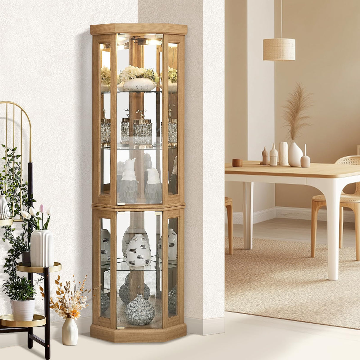 XUWANSHANG Corner Curio Cabinets,Lighted 3-Side Glass Display Curio Cabinet, Curved Wood Corner Cabinet,Curio Cabinets with Glass Doors,Adjustable Shelves,Curio Cabinet for Living Room,Light Oak XUWANSHANG
