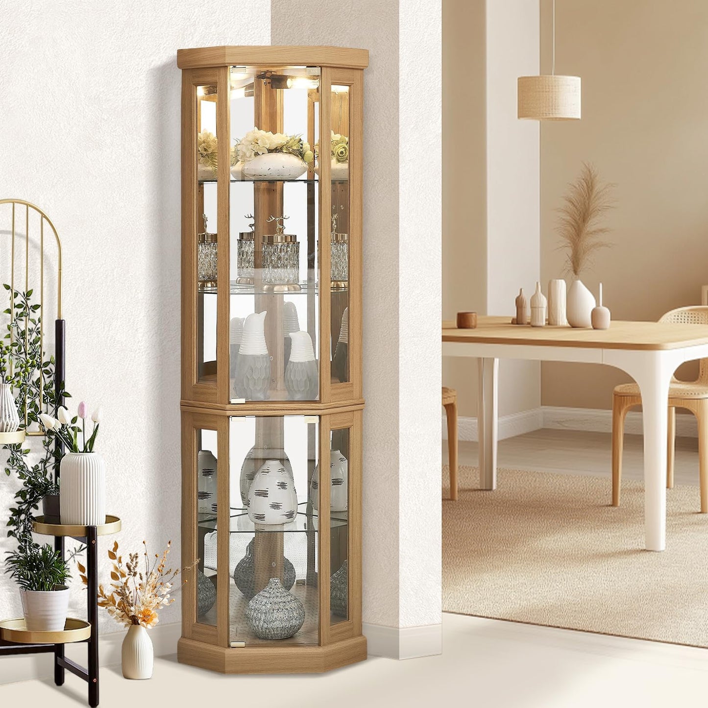 XUWANSHANG Corner Curio Cabinets,Lighted 3-Side Glass Display Curio Cabinet, Curved Wood Corner Cabinet,Curio Cabinets with Glass Doors,Adjustable Shelves,Curio Cabinet for Living Room,Light Oak