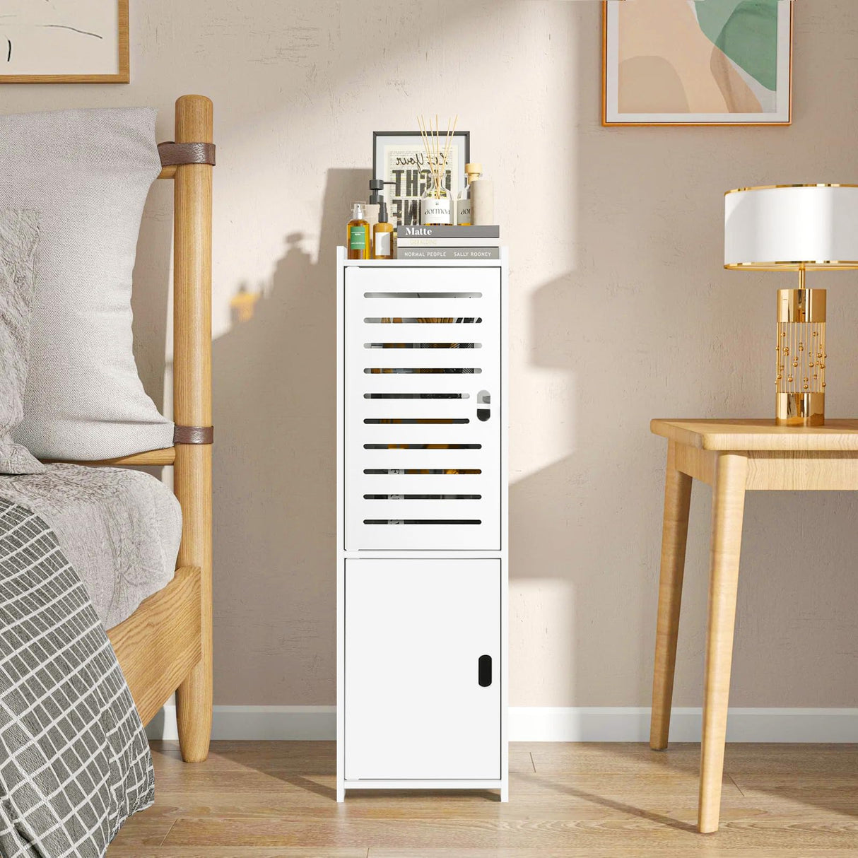 MOBPMO Bathroom Floor Cabinet Freestanding Double Door 3-Tier Side Storage Organizer Cabinet Unit, Multipurpose Waterproof Small Storage Cabinet for Bathroom, Bedroom, Office, White MOBPMO