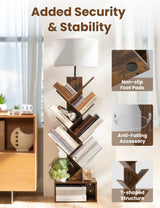 TabHolderix 6 Tier Tree Bookshelf with Light, Corner Tall Narrow Bookshelf, Small Bookcase with Storage Cabinet,Floor Standing Bookshelves Organizer for Bedroom/Living Room/Home Office, Rustic Brown TabHolderix