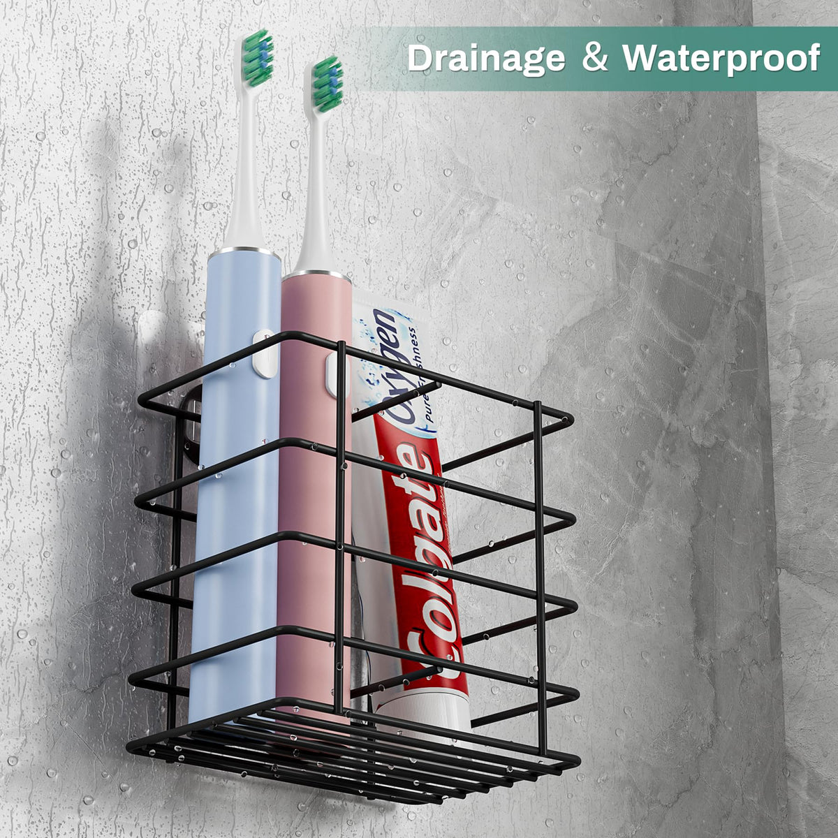 Oasiteege Adhesive Toothbrush Holder Wall Mounted, Suction Cup Toothpaste Organizer for Shower, Hanging Razor Tooth Brush Holder Storage Caddy with Drainage, Black Bathroom Accessories and Decor Oasiteege
