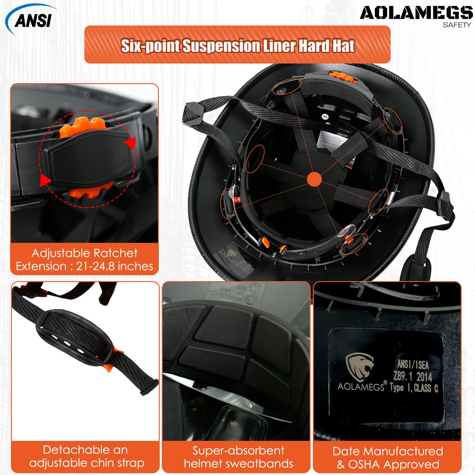 Aolamegs Safe Full Brim Hard Hats Construction OSHA Approved With Clear Visor - ANSI Z89.1 Vented Black Hard Hat With Chin Strap Reflective Cascos De Construccion Safety Helmet for Men 6-Pt S - WoodArtSupply