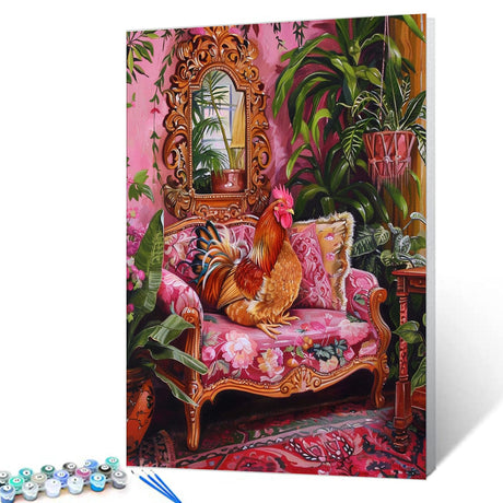 Animal Rooster Paint by Numbers Boho Paint by Numbers Kits Children,Botanical Room Painting on Canvas Funny Pink Set for Home Decor and Gift for Festival Without Framed 16''W x 20''H Aihonmin
