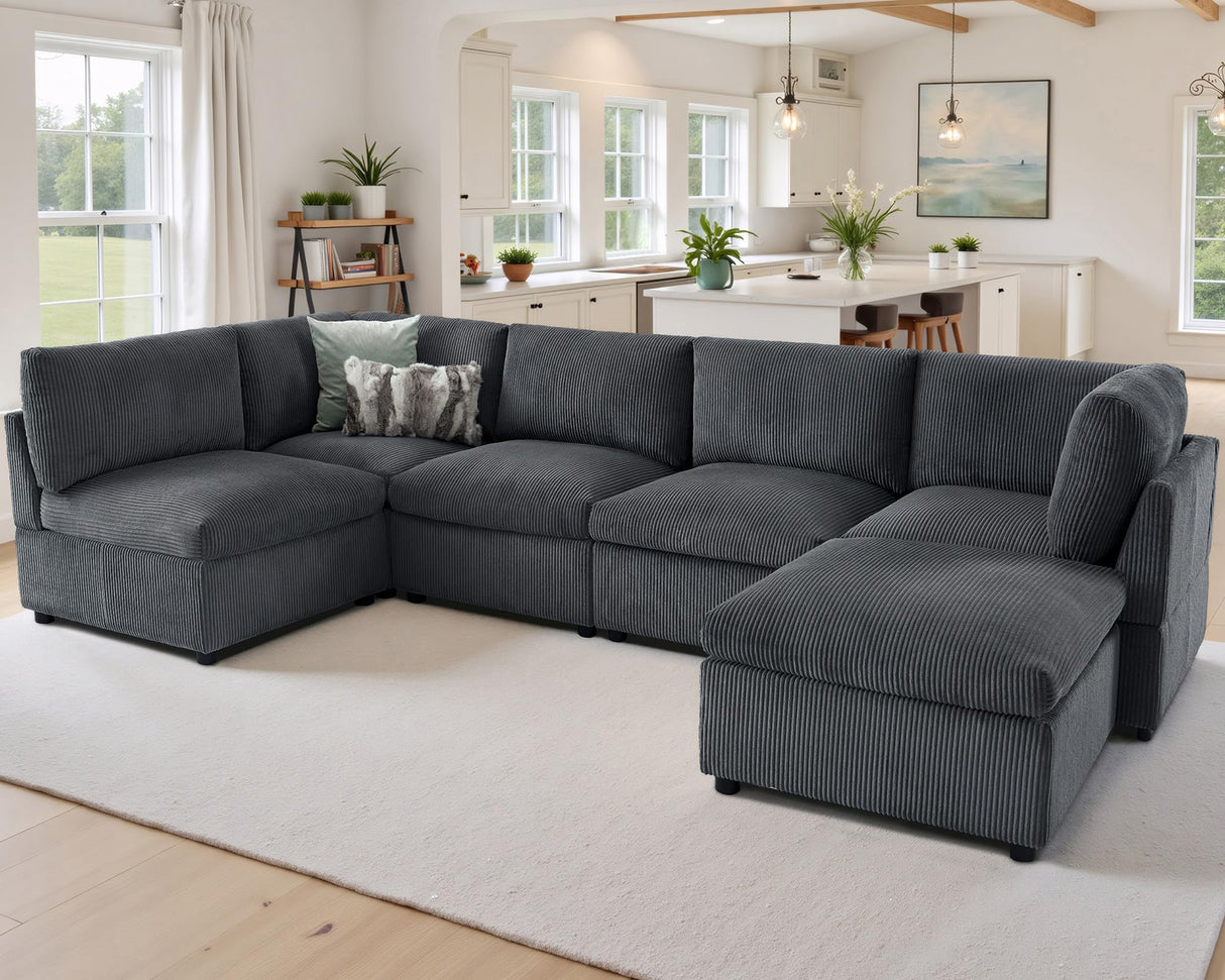 Jocisland Oversized Modular Sectional Sofa with 32" Deep Seat, 6-Piece Convertible U/L/S Modular Sofa for Spacious Living Rooms, Tool-Free Assembly, Corduroy Upholstery, Gray Sectional Couch Jocisland