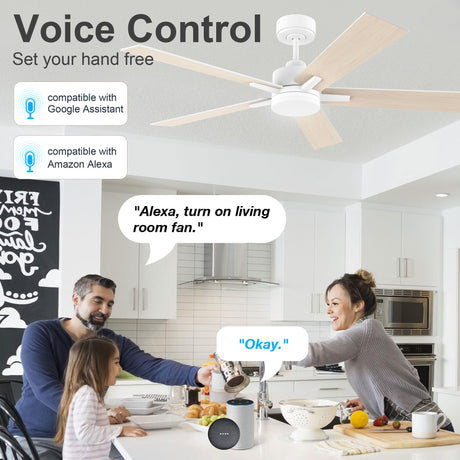 Lorpies 52” Smart Ceiling Fan with Lights Remote,Voice Control via Alexa Google WIFI App,Ultra Quiet DC Motor,Outdoor Indoor Modern Ceiling Fans,6-Speed for Bedroom Patio Porch,White and Wood Color Lorpies