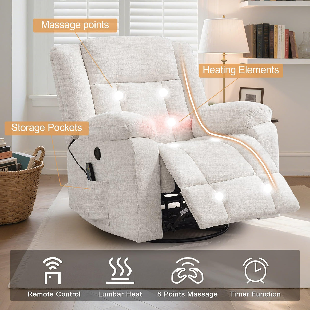 Korser Rocker Recliner, Glider Recliner Chairs for Adults, 360° Swivel Rocking Chair with Massage and Heating, Nursery Chair with Storage and USB Charging for Living Room, Bedroom, Nursery Korser