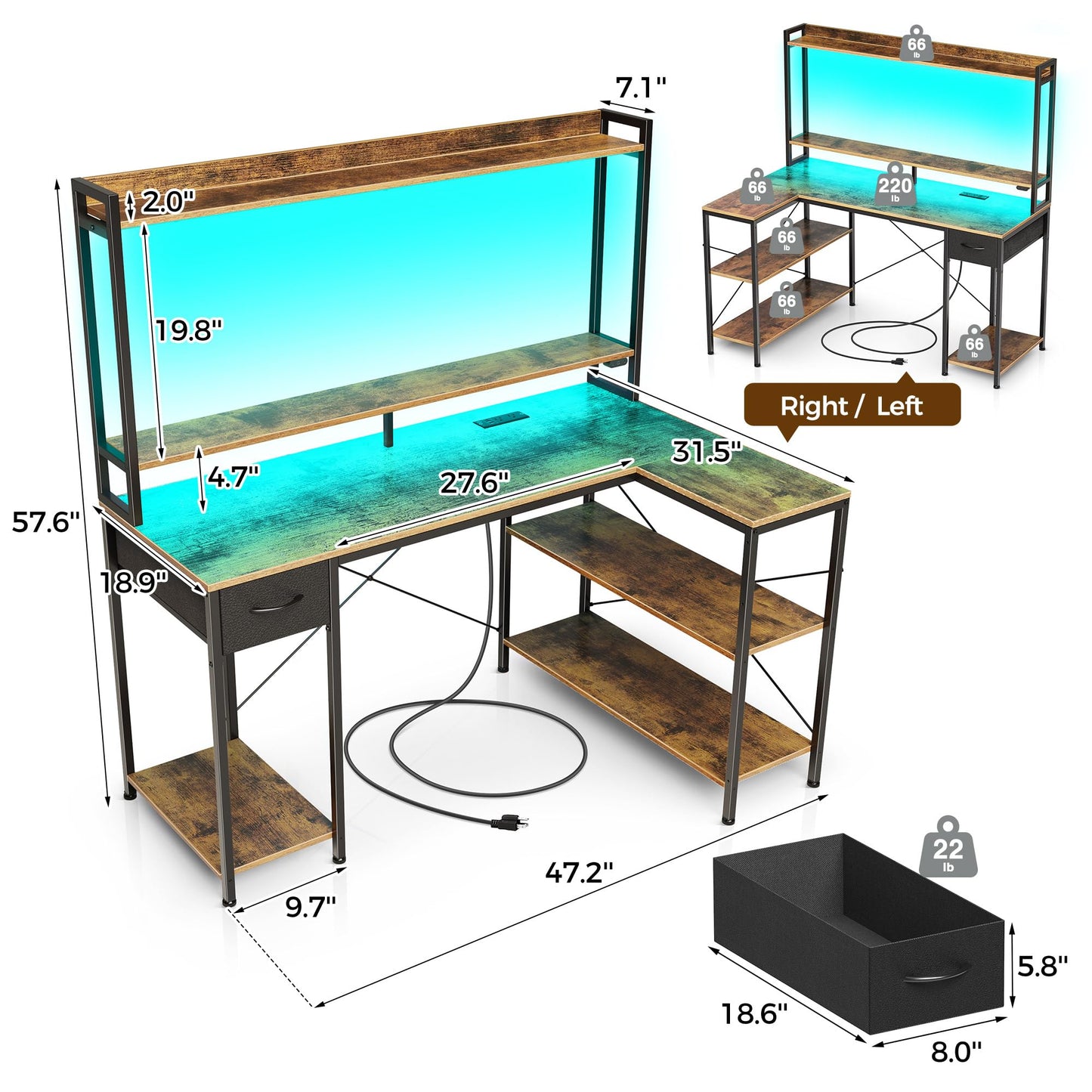 Seventable Gaming Desk with LED Light & Power Outlets, 47 inch Computer Desk with Shelves, Reversible L Shaped Desk with Monitor Stand, Corner Desk for Small Space, Rustic Brown - WoodArtSupply