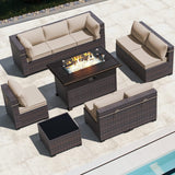 ASJMR Outdoor Patio Furniture Set with Fire Pit Table, 10 Pieces Outdoor Furniture Set Patio Sectional Sofa w/43in Propane Fire Pit, PE Wicker Rattan Patio Conversation Sets - Brown ASJMR