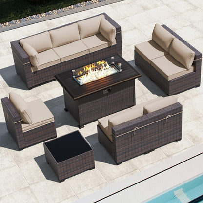 ASJMR Outdoor Patio Furniture Set with Fire Pit Table, 10 Pieces Outdoor Furniture Set Patio Sectional Sofa w/43in Propane Fire Pit, PE Wicker Rattan Patio Conversation Sets - Brown