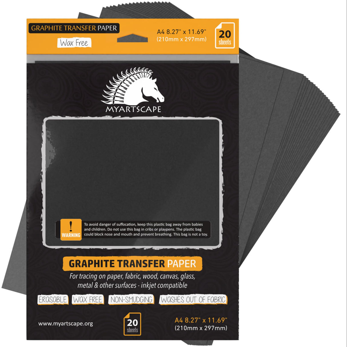 MyArtscape Graphite Transfer Paper, 20 Black Sheets - Wax Free - Erasable - Smudge-Free - Ideal for Drawing, Tracing and Watercolor Transfer - Premium Arts and Crafts Supplies MyArtscape