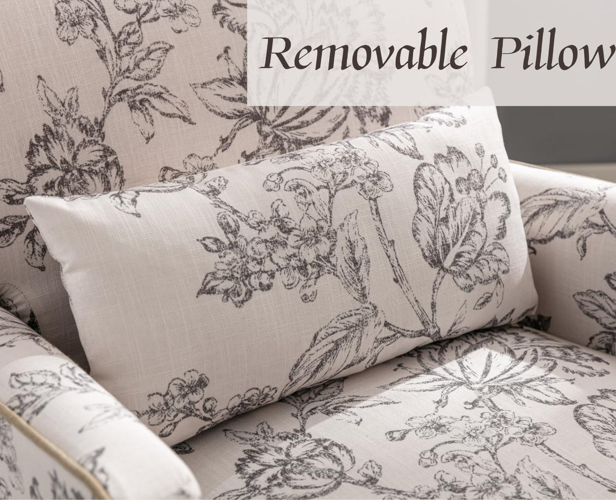 Shunzhi Floral Accent Chairs Farmhouse Upholstered Armchair Linen Reading Chair Mid Century Modern Single Sofa Chair with Pillow for Bedroom/Living Room/Fireplace, Beige, 1PC Shunzhi