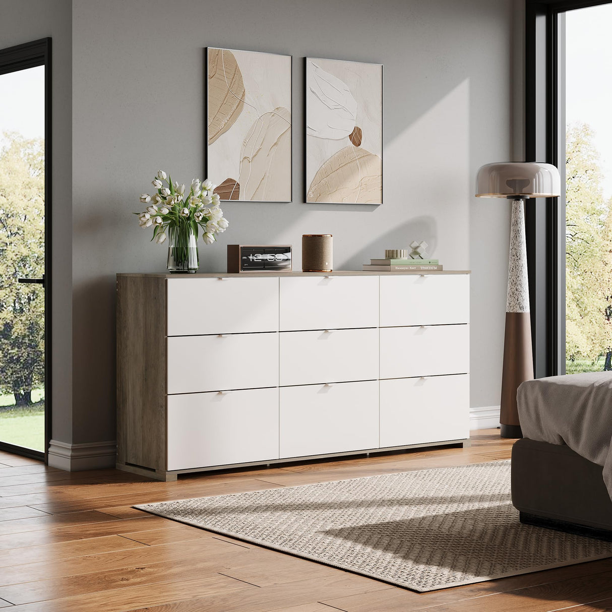 WLIVE 9 Drawer Dresser for Bedroom, 63" Wide Large Wood Chest of Drawers Organize with Sturdy Metal Handle, Modern Dresser for TV Stand, Living Room Office, Hallway, Ball Bearing Slide, Grey Oak WLIVE