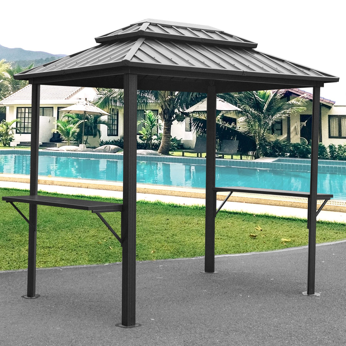 Domi Grill Gazebo 8' × 6', Outdoor Aluminum Frame BBQ Gazebo with Shelves Serving Tables and Hooks, Permanent Double Roof Gazebos for Patio Lawn Deck Garden (Dark Grey) domi outdoor living