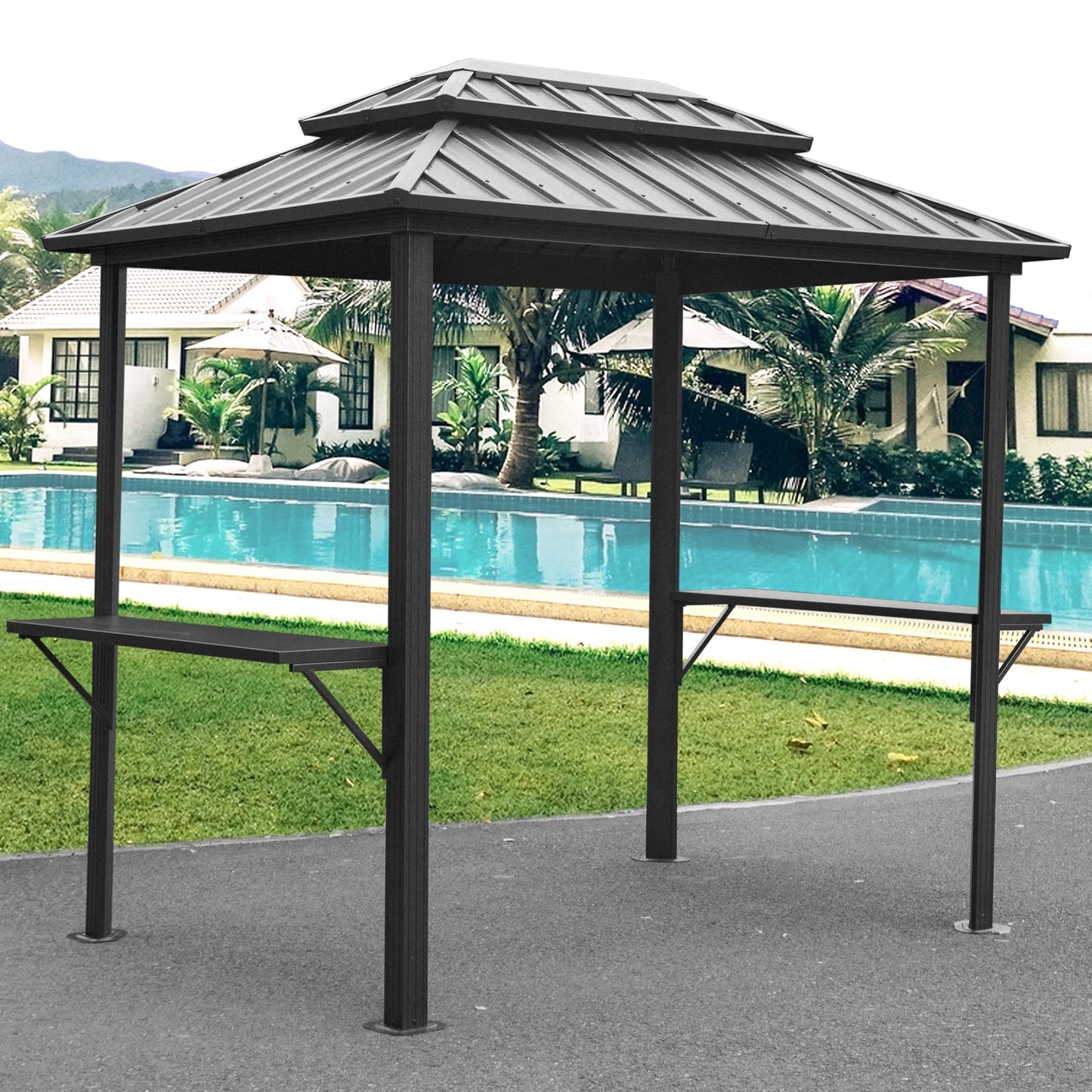 Domi Grill Gazebo 8' × 6', Outdoor Aluminum Frame BBQ Gazebo with Shelves Serving Tables and Hooks, Permanent Double Roof Gazebos for Patio Lawn Deck Garden (Dark Grey) - WoodArtSupply