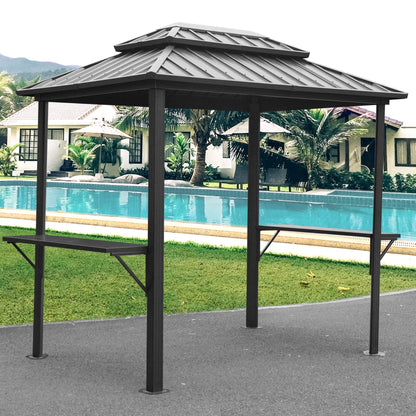 Domi Grill Gazebo 8' × 6', Outdoor Aluminum Frame BBQ Gazebo with Shelves Serving Tables and Hooks, Permanent Double Roof Gazebos for Patio Lawn Deck Garden (Dark Grey) - WoodArtSupply