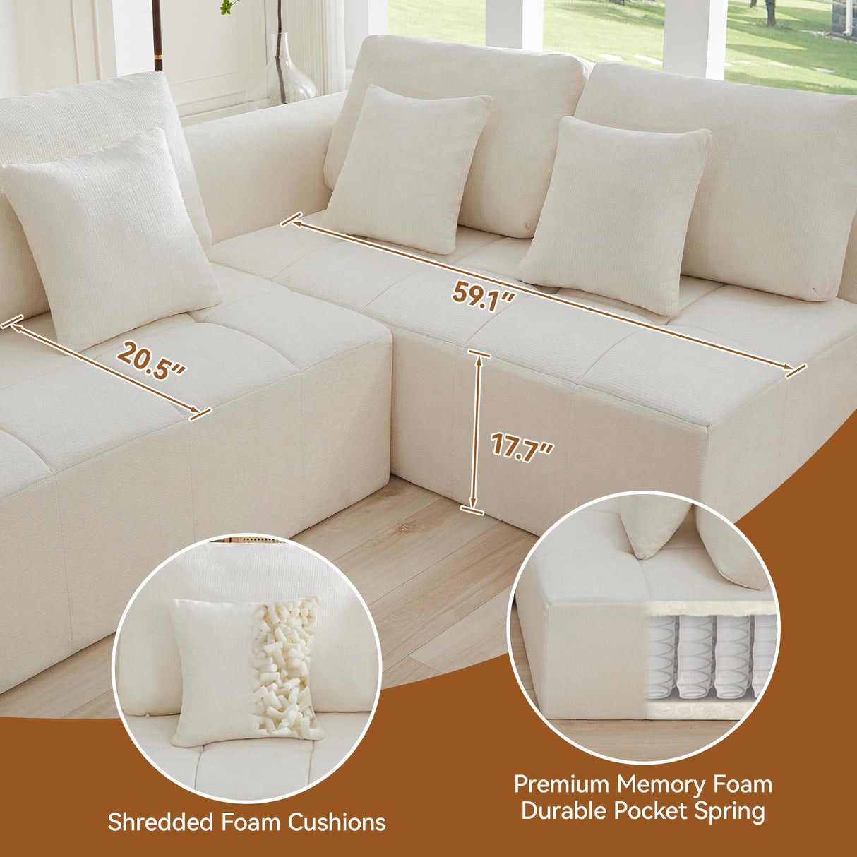 110''Modular Sectional Couches for Living Room, Cloud Boneless Compressed Sectional Sofa, Oversized L Shaped 5 Seater Upholstered Memory Foam Sofa, No Assembly, Chenille Beige WUTUTUEE