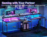 Coleshome 98 Inch 2 Person Gaming Desk with Storage Shelves- Long Double Home Office Computer Desks with USB Charging Port & LED Lights, Writing Desk with Monitor Stand, Modern Study/Work Table, Black Coleshome