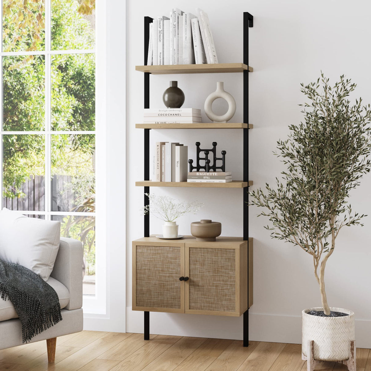 Nathan James Theo Ladder 3 tier Open Bookshelf with Rattan Drawers and Matte Steel Frame, Light Oak/Black Nathan James