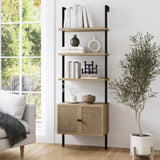 Nathan James Theo Ladder 3 tier Open Bookshelf with Rattan Drawers and Matte Steel Frame, Light Oak/Black Nathan James