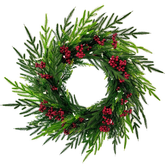 Christmas Wreaths for Front Door - 24Inch Holiday Wreath Outdoor Indoor with Artificial Red Berries and Norfolk Pine for Home, Office, Party, Wedding Decorations