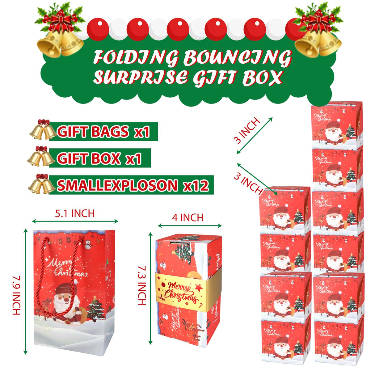 12pcs Surprise Gift Box Explosion, Merry Christmas Folding Bouncing Envelope (Red) BIXMK