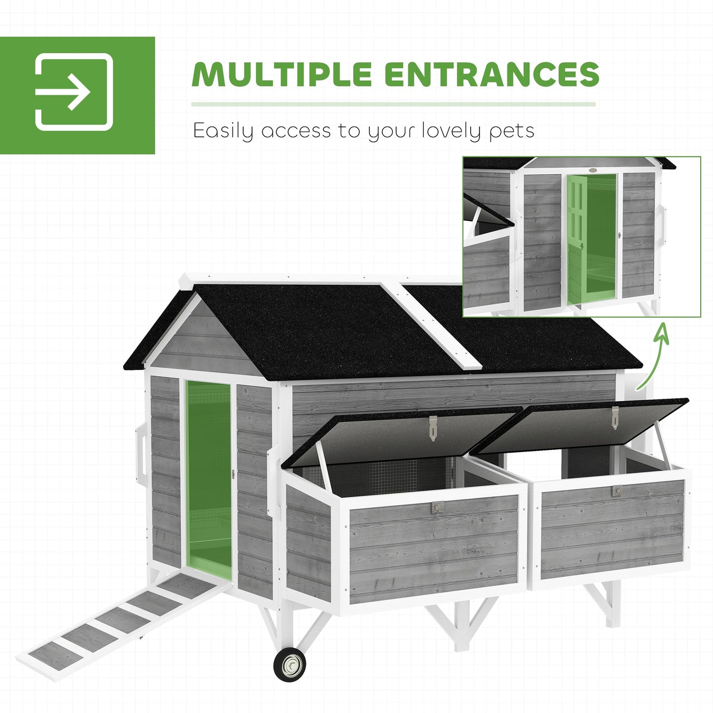 PawHut 59" Wooden Chicken Coop with Wheels and Handles, Mobile Chicken House with 2 Nesting Boxes, 2 Trays, 4 Perches, Chicken Tractor for 4-6 Chickens, Small Animals, Rabbit Hutch for Backyard, Gray