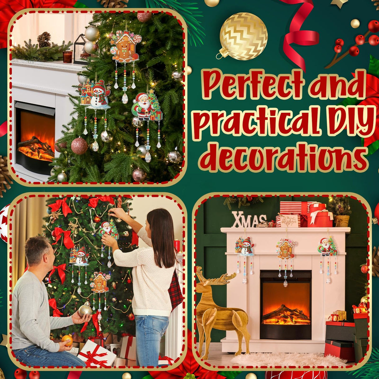 Jetec 3 Pcs Christmas Diamond Art Kits Painting Suncatcher Wind Chime Double Sided Crystal Hanging Ornaments for DIY Crafts Window Home Garden Decor(Snowman, Gingerbread Man, Santa) Jetec