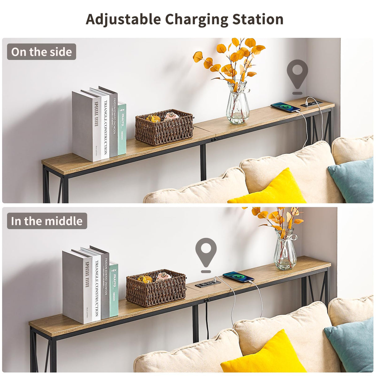 ELYKEN 5.9" Narrow Console Sofa Table with Power Outlets, 5.9" Dx63 Wx31.5 H Long Skinny Behind Couch Table with “X” Cross Metal Frame and Charge Station with 6.5’ Extension Cord, White Oak ELYKEN