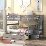 Harper & Bright Designs Full Over Full Bunk Bed with Storage, Solid Wood Full Bunk Bed Frame with Stairs and Drawers, for Kids Teens Adults (Gray) Harper & Bright Designs