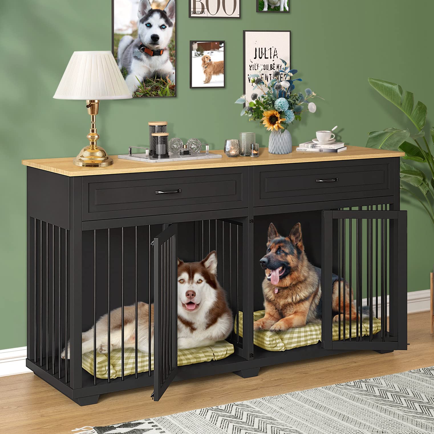 DAWNSPACES Large Dog Crate Furniture, 72" Wooden Large Dog Kennel with Drawers & Divider, Heavy Duty Indoor Dog Cage with Double Rooms for Large Medium Small Dogs, Black - WoodArtSupply