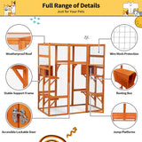 COZIWOW 70" Wooden Extra Large Outdoor Cat Cage Catio with Perche&Condo, Assembled Play Run Cat Enclosure Indoor Kitty Window Kennel with Waterproof Roof, 7 Platforms & 2 Resting Box（Orange） COZIWOW