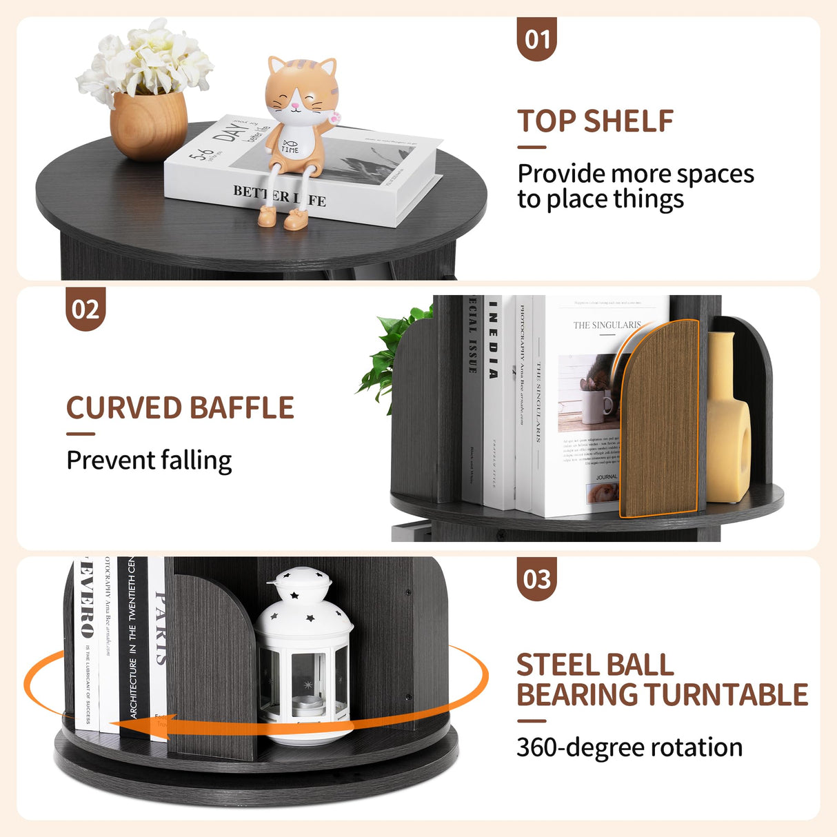 Rengue Rotating Bookshelf Tower, 4 Tiers 360 Spinning Bookshelf Revolving Bookcase Corner Bookshelf Organizer Display Bookshelf, 18" Wide, Grey Rengue