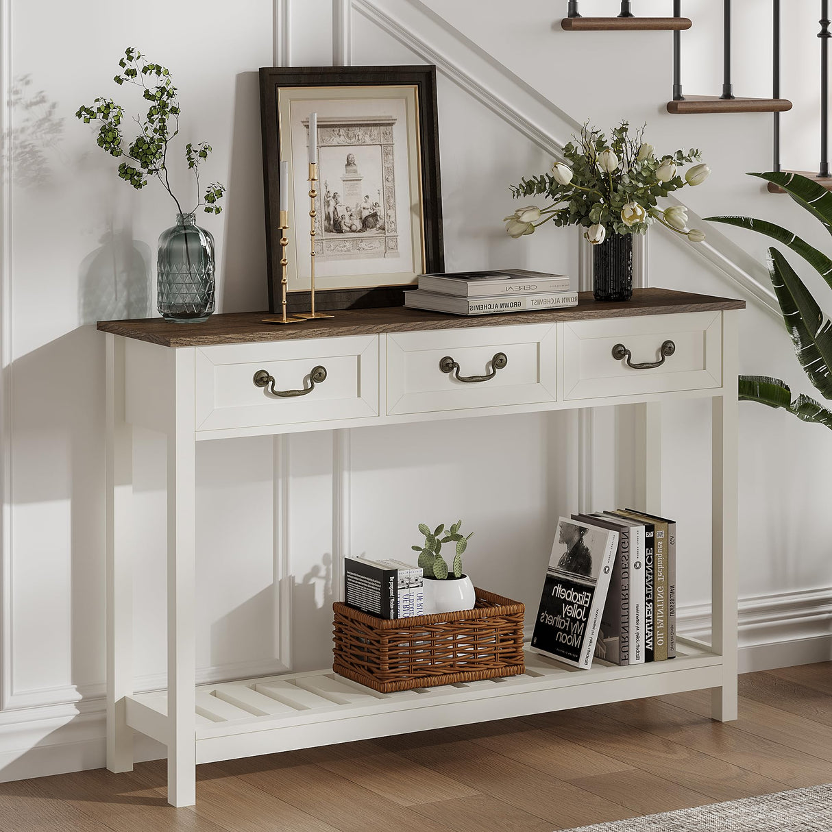 ChooChoo 47" Farmhouse Console Table with 3 Drawers, Rustic Entryway Table, Narrow Long Sofa Table for Living Room, Hallway, Behind Couch, Soft White and Brown ChooChoo