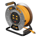Masterplug 100ft Cord Reel, Metal Cable Drum, Retractable Extension Lead with Winding Handle, Safety Overload Circuit Breaker and Power Switch, 4x Grounded Outlets, 15amps, 12AWG Cable Masterplug