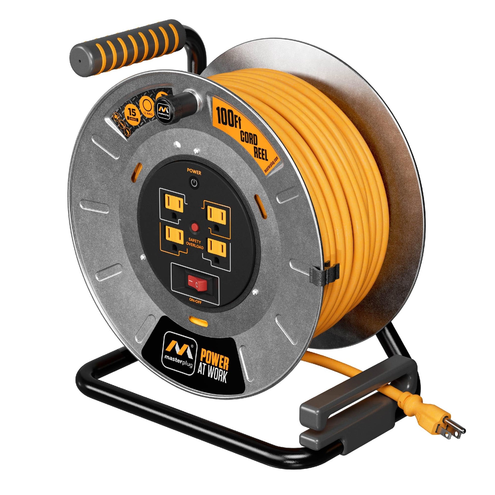 Masterplug 100ft Cord Reel, Metal Cable Drum, Retractable Extension Lead with Winding Handle, Safety Overload Circuit Breaker and Power Switch, 4x Grounded Outlets, 15amps, 12AWG Cable - WoodArtSupply