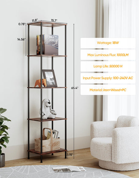 Display Shelf with RGBCW Light, Color Changing Curio Cabinet Floor Lamp with Shelves Corner Standing Column Lamp Etagere Organizer Tower Nightstand Bookcase for Living Room Bedroom Office Décor, Brown PARTPHONER