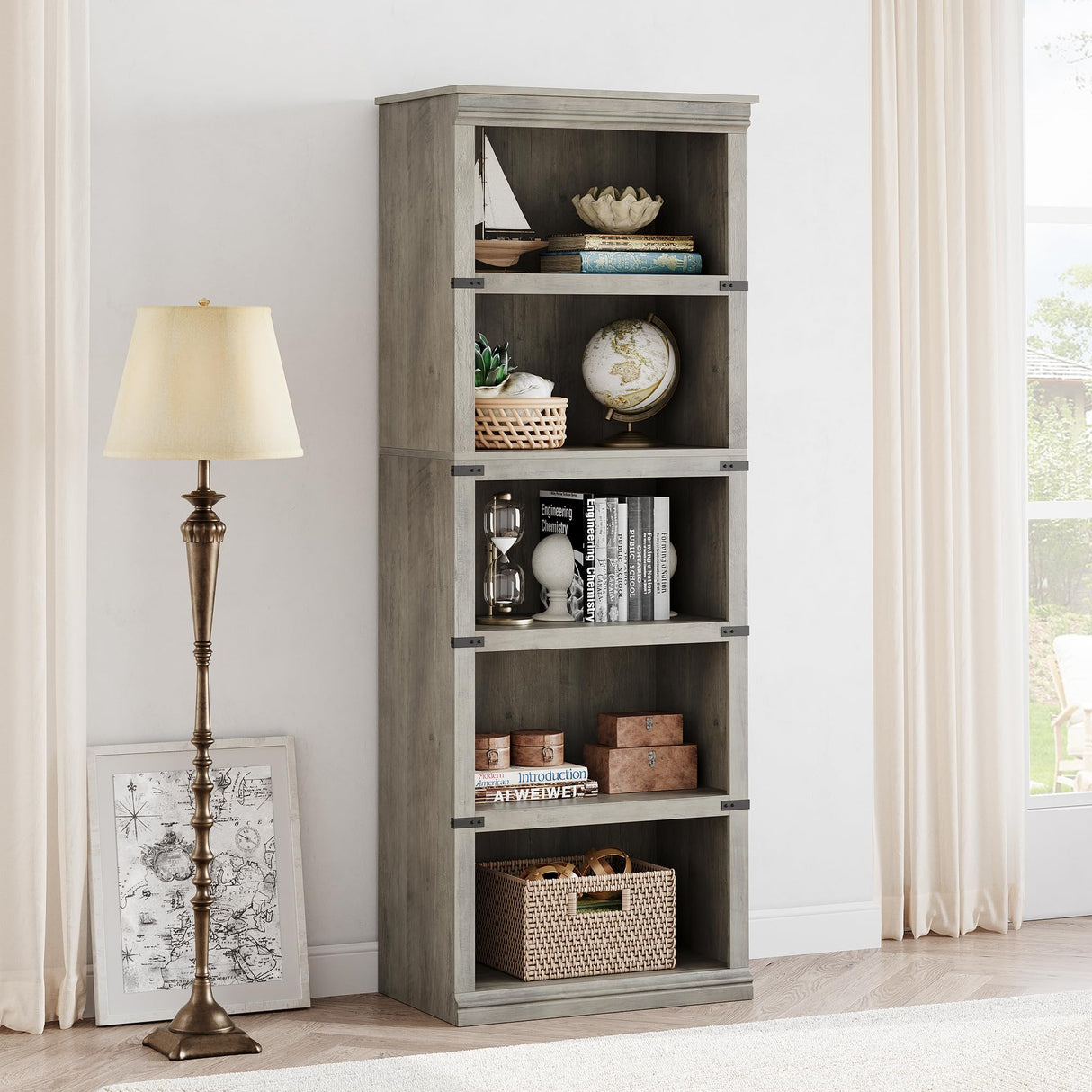 GAOMON 5 Tier Bookcase, Farmhouse Book Shelf with Storage, 67.4 Inch Tall Open Display Bookshelves, Wooden 5 Shelf Bookcase for Living Room, Bedroom - Grey GAOMON