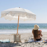 AMMSUN Boho Fringe Umbrella Outdoor Patio, 6.5ft UPF50+ Picnic Umbrella with Tassels with Steel Pole and Push Button Tilt, Antique White AMMSUN