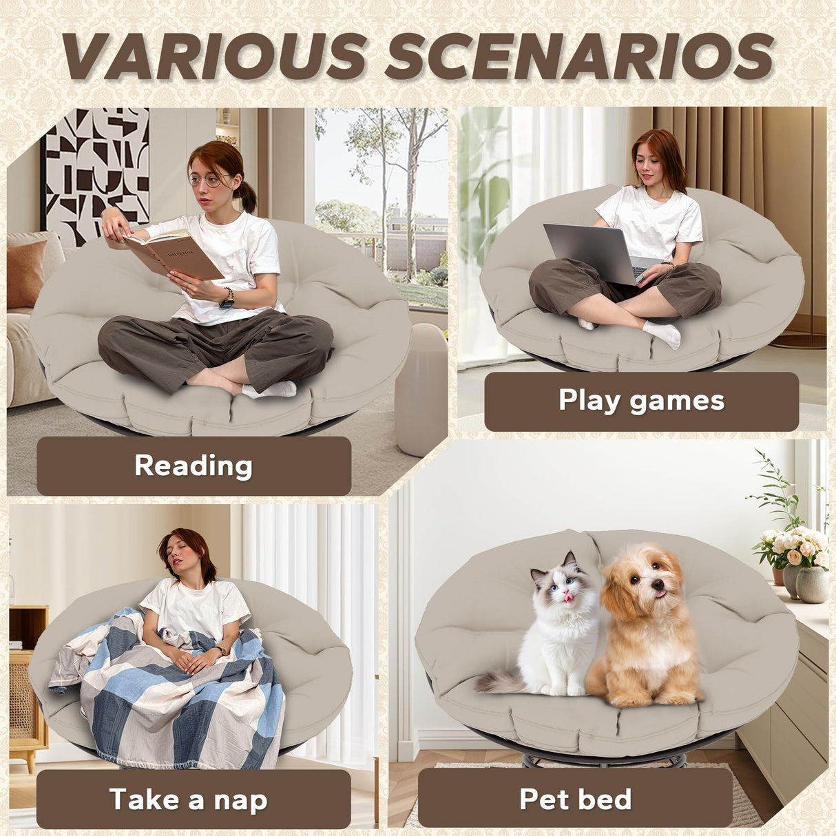 MeetLeisure 46'' Large Size Papasan Chair with Cushion and Frame, Overstuffed Thickened Papasan, Lazy Circle Round Chair, Beige MeetLeisure