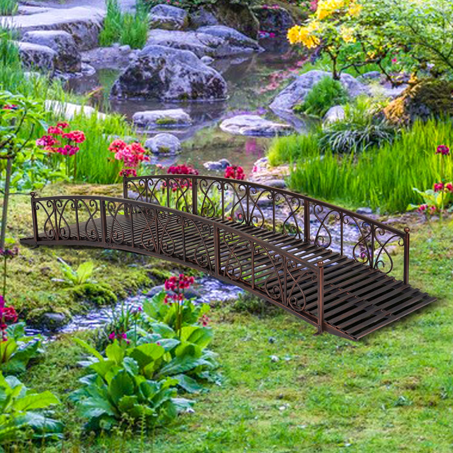 Kinlife 8 FT Metal Arch Garden Bridge – Outdoor Pond Bridge with Safety Side Rails, Decorative Landscaping Footbridge for Backyard, Creek, Lawn, Stream, Fish Pond, Easy Assembly, Black Bronze - WoodArtSupply