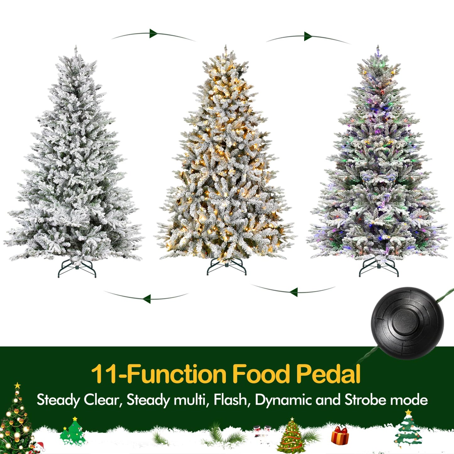 Hykolity 7.5 ft Prelit Snow Flocked Christmas Tree, 2806 PE&PVC Realistic Branch Tips, Artificial Twinkling Christmas Tree with 500 Color Changing LED Lights, Metal Stand and Hinged Branches, 11 Modes