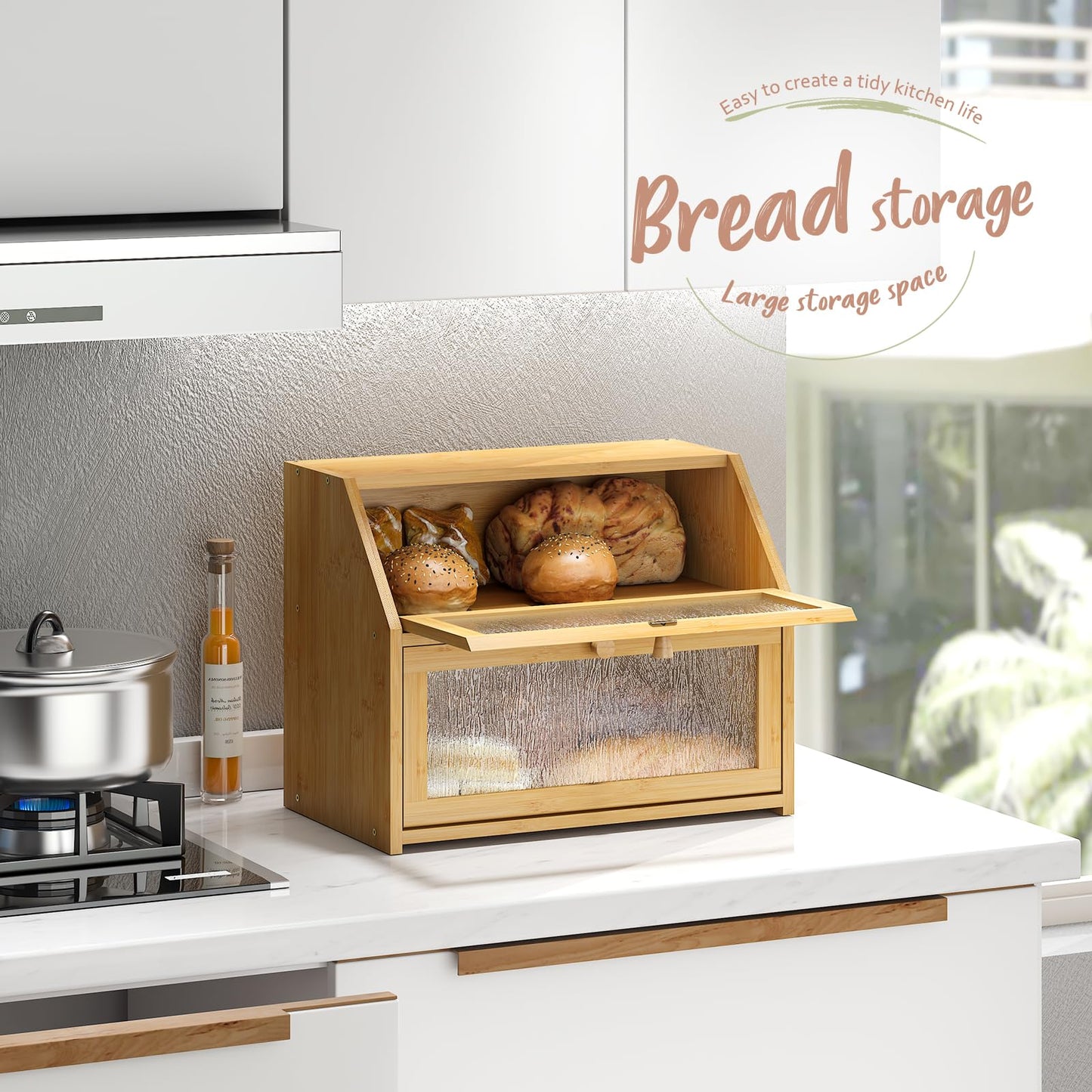 STDDRE Bread Box for Kitchen Countertop Double Layer Bread Box Storage Extra Large Farmhouse Bread Box with Tree Pattern Window(Bamboo Natural) - WoodArtSupply