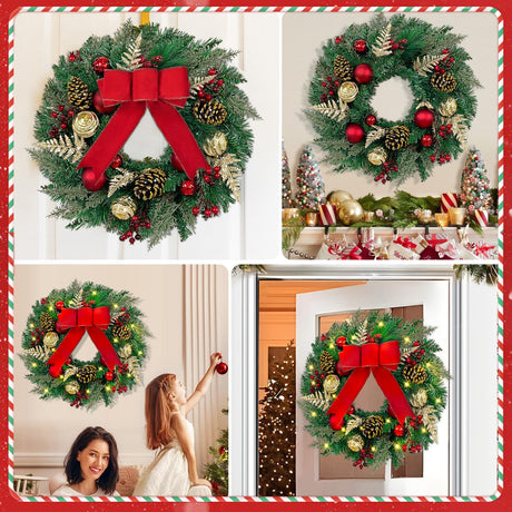 Christmas Wreath with Lights - 16" Christmas Wreaths for Front Door with Red Bow, Christmas Door Wreath with Balls Berries & Pine Cones for Home Wall Indoor Outdoor Xmas Decor Yastouay